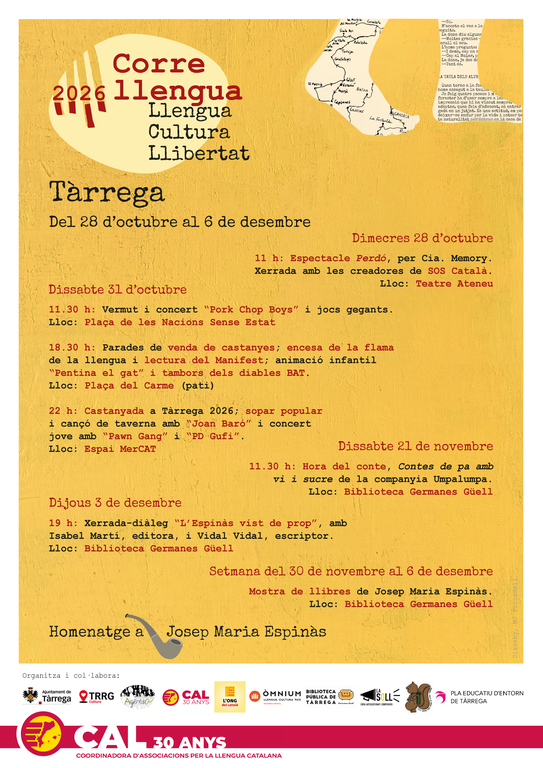 CORRELLENGUA 2026 - CASTANYADA: Teatre, xerrades, lectura del Manifest, animació infantil i concerts amb PORK CHOP BOYS, JOAN BARÓ, P.A.W.N. GANG i PD GUFI