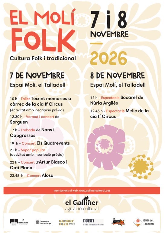 EL MOLÍ FOLK 2026: Cultura tradicional, tallers de circ, vermut, sopar popular i música en directe