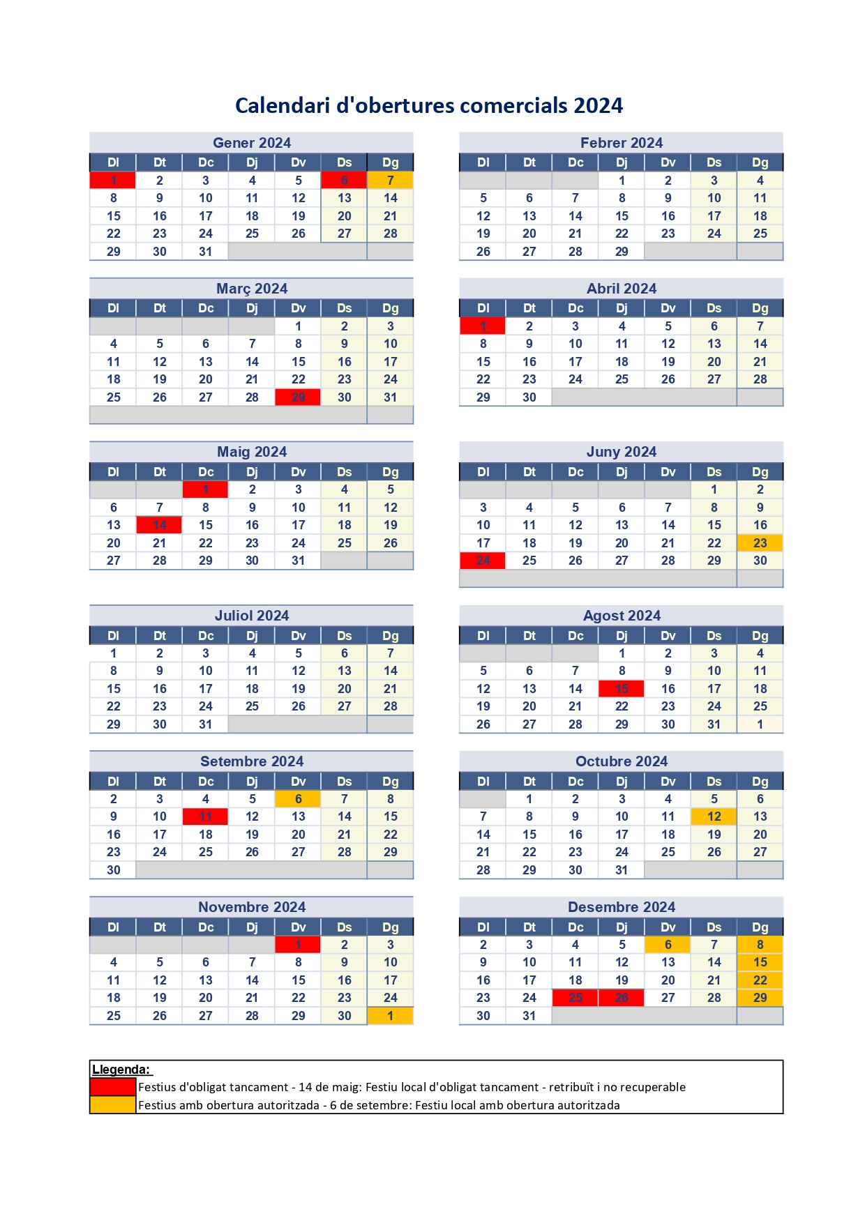 Calendari d'obertures comercials 2024 Tàrrega