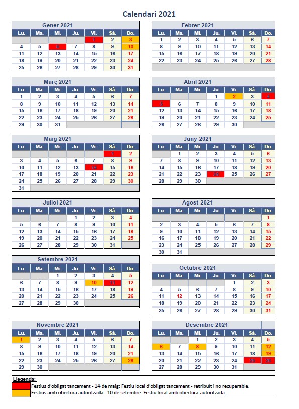 Calendari Obertura Comercial 2021